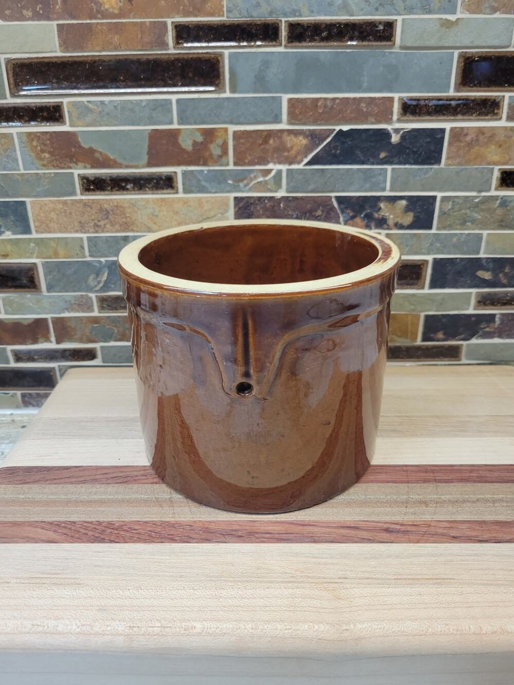 Vintage Brown Glazed Stoneware Cheese Crock Primitive Country Pottery No Lid